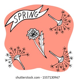 Spring lettering sketch with air dandelions on pink background. Seamless pattern. Hand-drawn. Vector illustration. Memphis style