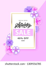 Spring in lettering style Sale flyer with  flowers in realistic style, gold frame. Invitation, posters, brochure, voucher discount. Vector illustration design
