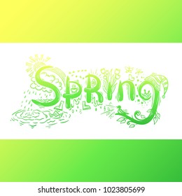 Spring lettering style vector inscription. Hello greeting green season