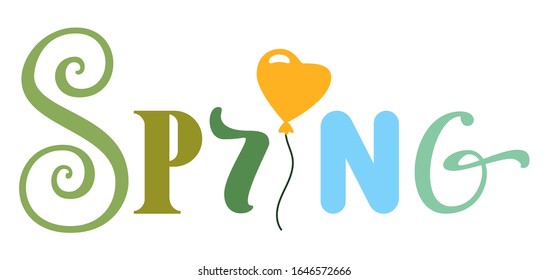 Spring lettering text for greeting card isolated on white. Vector cartoon illustration