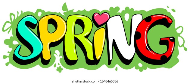 Spring Lettering Text On Green Grass. Template Greeting Card. Vector Cartoon Illustration