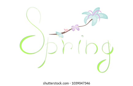 Spring lettering with tropical blooming branch. Isolated on white vector illustration copyspace flower pink cherry peach pear sakura apple trees. Blooming Cherry Blossom spingtime summertime