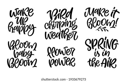 Spring lettering vector illustration. Set of handwritten phrases, quotes and slogans for greeting card, party invitation, prints or social media design. Unique hand drawn calligraphic elements