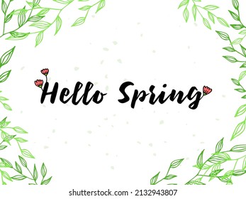 Spring lettering. Vector illustration with texture on a white background. A frame of green branches and leaves and pink flowers.