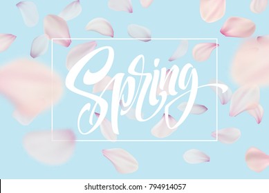 Spring lettering web banner template. Color pink sakura cherry blossom flower blue sky landscape background design. Vector illustration EPS10