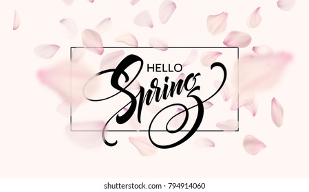 Spring Lettering Web Banner Template. Color Pink Sakura Cherry Blossom Flower Blue Sky Landscape Background Design. Vector Illustration EPS10