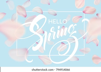 Spring lettering web banner template. Color pink sakura cherry blossom flower blue sky landscape background design. Vector illustration EPS10
