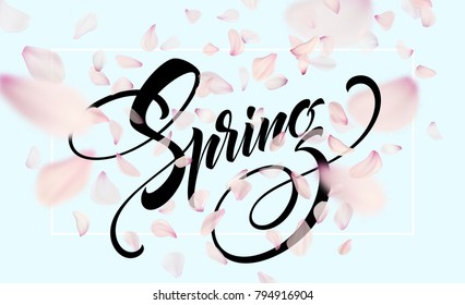 Spring lettering web banner template. Color pink sakura cherry blossom flower blue sky landscape background design. Vector illustration EPS10