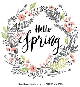 Spring Lettering with wreath - hand drawn Vector illustration.