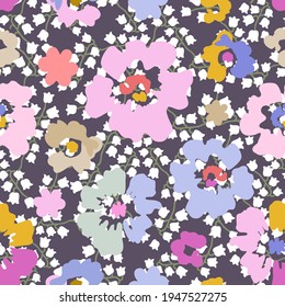 Spring liberty print on grey background. Seamless vector pattern in repeat. Vintage print with small flowers. Retro textile design collection.