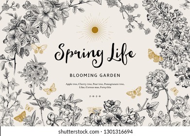 Spring life. Vintage vector botanical illustration. Black and white