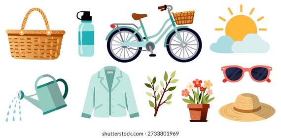 Elementos de estilo de vida de primavera en estilo plano para actividades de ocio al aire libre. Perfecto para diseños de temporada.