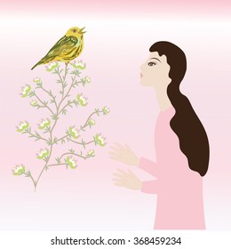Spring light background morning bird on a branch with flowers girl greeting card Valentine's Day Birthday Easter vector