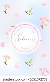 Spring light blue sky background with blossom brunch of pink sakura flowers. Template with place for text. Stock vectorÂ illustration. Good for gift voucher, card, banner.