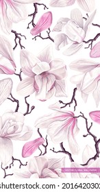 Spring light design wallpaper for lock screen, screen saver in phone. Realistic vector design with white hand-drawn highly detailed flowers and branches of tree magnolia. Vertical composition 