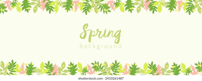 Banner de fondo verde claro de primavera horizontal con hojas y ramitas de primavera jóvenes brillantes. Ilustración del vector