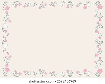 Spring light soft muted background. Frame of flowers, floral plants, leaves. Elegant aesthetic stylish beautiful romantic flower pattern. Hand drawing doodles of botanical elements. Space for text