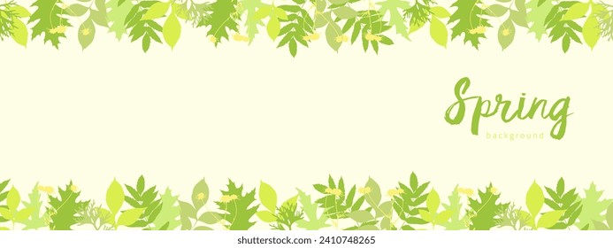 Banner de fondo amarillo claro de primavera horizontal con hojas de primavera jóvenes brillantes.