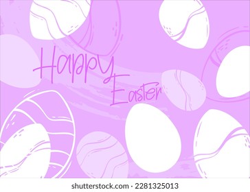 Spring lilac background with eggs for the Easter holiday. Decorated eggs with patterns for the spring holiday. Linear illustration for conceptual design. Background for a greeting card.