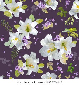 Spring Lily Flowers Backgrounds - Seamless Floral Shabby Chic Pattern - in vector