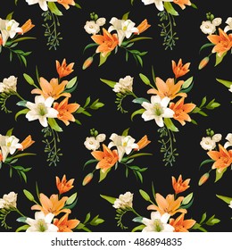 Spring Lily Flowers Backgrounds - Seamless Floral Pattern - in vector
