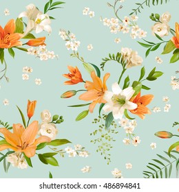 Spring Lily Flowers Backgrounds - Seamless Floral Pattern - in vector