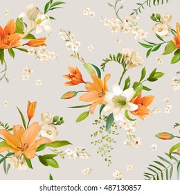 Spring Lily Flowers Backgrounds - Seamless Floral Pattern - in vector