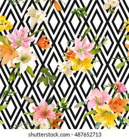 Spring Lily Flowers Backgrounds - Seamless Floral Pattern - in vector