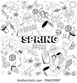 Spring line art design vector illustration. Separate objects. Hand drawn doodle design elements.