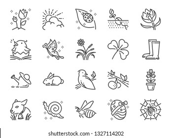 Spring line icon set. Included icons as springtime, season, new born, flower, blooming and more.