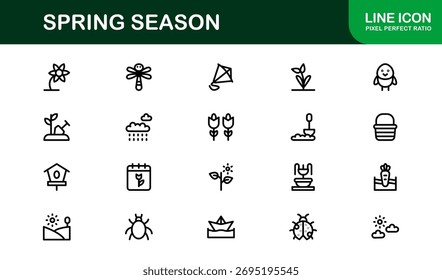 Conjunto de iconos de línea de primavera: iconos vectoriales mínimos modernos para marcas de temporada, Diseños florales y temas frescos