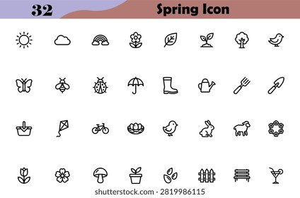 Spring line icons set. Nature, gardening and season outline symbols including flower, bee, butterfly, tree, umbrella, bird and watering can. Great for nature apps. Editable stroke vector.
