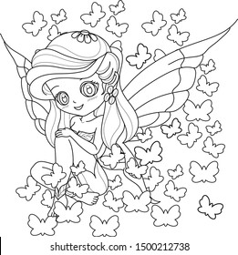 Spring little fairy girl with wings, Outlined for coloring book isolated on a white background, vector illustration.