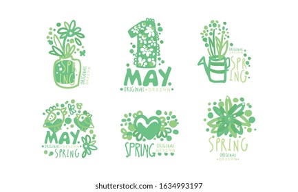 Spring Logo Templates Original Design Collection, First May Green Hand Drawn Badges Vector Illustration