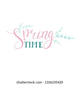 Spring logotype, badge typography icon. Lettering spring season with leaf for greeting card, invitation template