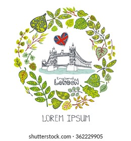 Spring in London.Famous landmarks with green leaves wreath,circle compositions.Vintage doodle sketchy.Vector spring decor.Tower Bridge,capital building art.Design template,Vector illustration.