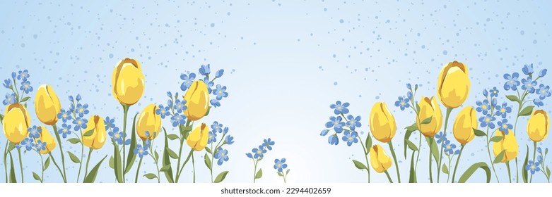 Spring long banner with flowers. Vector illustration, background with yellow tulips and blue forget-me-nots.	