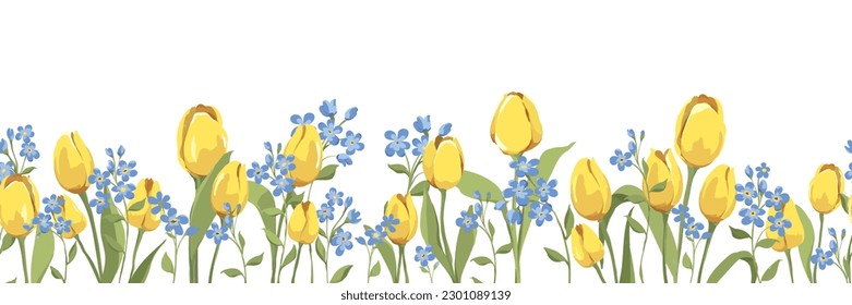 Spring long banner with flowers. Vector illustration, seamless background with yellow tulips and blue forget-me-nots.	