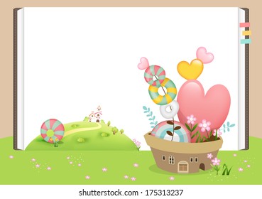 Spring love B / Illustration for Spring season.Lovely pot with candies and flowers on the green field where flower petals and candies are scattered.