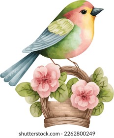 Spring Love Bird Watercolor Illustration with cute flowers basket and leaves 