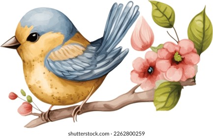 Spring Love Bird Watercolor Illustration. Tree branch with blossom flowers