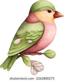 Spring Love Bird Watercolor Illustration. Tree branch with blossom flowers