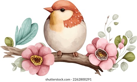 Spring Love Bird Watercolor Illustration. Tree branch with blossom flowers