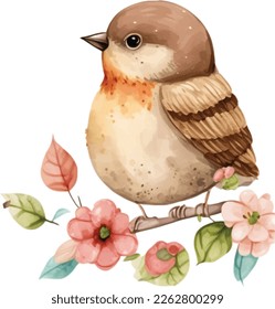 Spring Love Bird Watercolor Illustration. Tree branch with blossom flowers