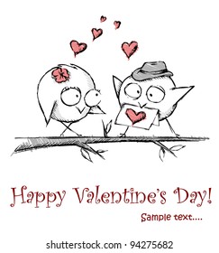 Spring, love birds sitting on a tree. Vector