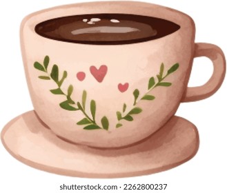 Spring Love Coffee Watercolor Illustration. Brown lovely coffee cup. Hot chocolate.