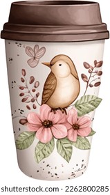 Spring Love Coffee Watercolor Illustration. Green lovely coffee cup with little bird. Hot chocolate.