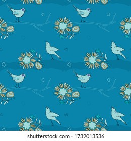 Spring and love, couple of birds, pattern on blue background,seamless for textile and paper.