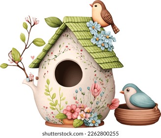 Spring Love Flowers Clay Pot Watercolor Illustration. Lovely Bird Clay House decoration watercolor illustration with spring flowers.