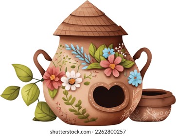 Spring Love Flowers Clay Pot Watercolor Illustration. Lovely Bird Clay House decoration watercolor illustration with spring flowers.